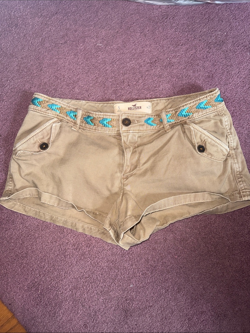Hollister Tan Cotton Shorts with Turquoise Braided Waist